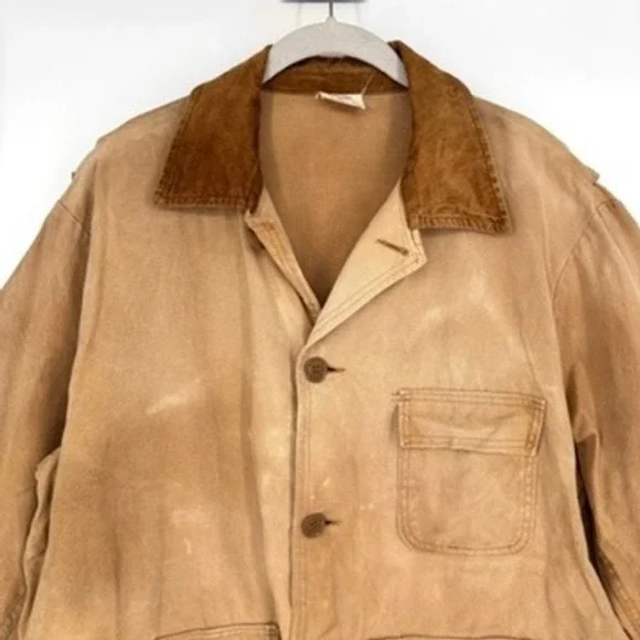 Vintage Sears Field Jacket Canvas Corduroy Collar Button Front Workwear Tan Sz M - Picture 10 of 16
